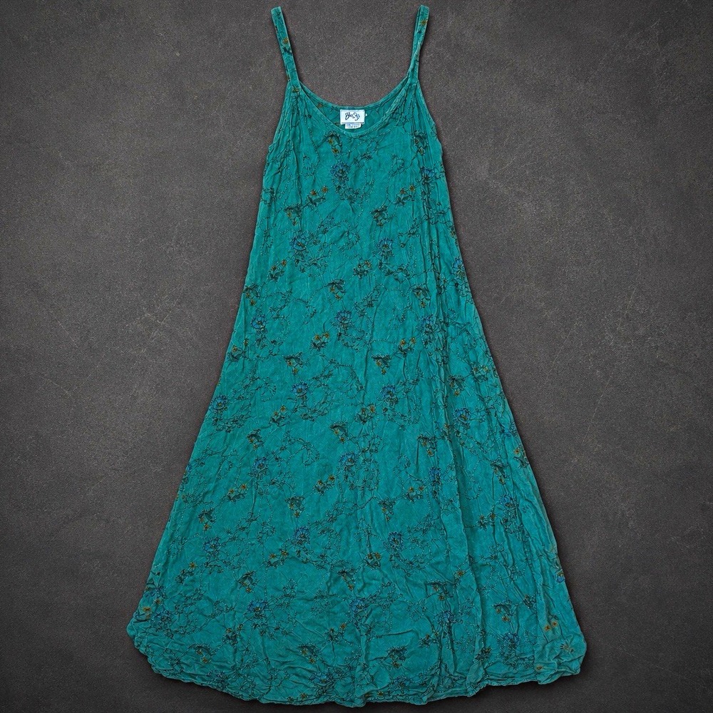Blue Sky One Size Teal Floral Embroidered Strappy Scoop Neck Maxi Dress